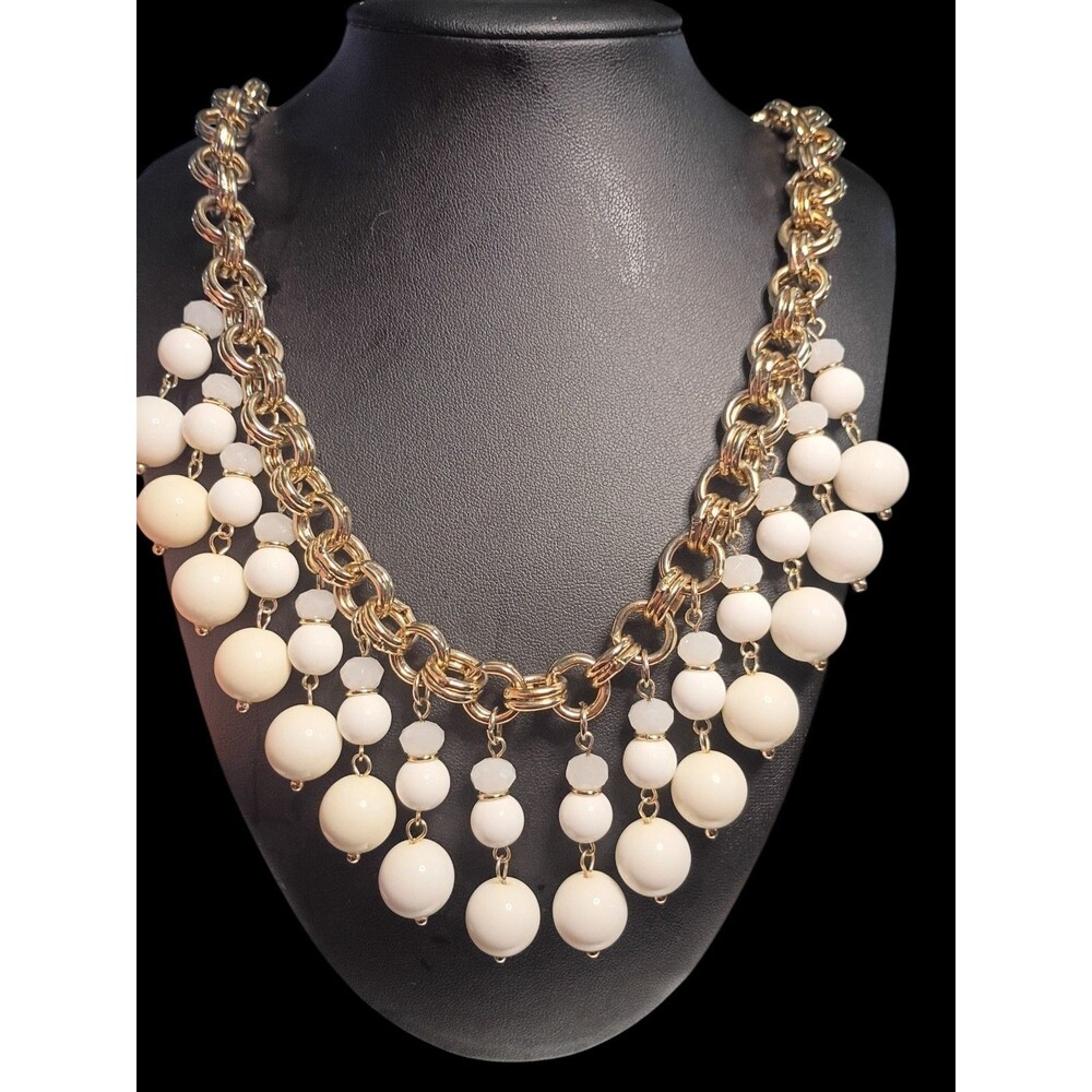 Ann Taylor Gold Tone Chain & White Bead Statement Necklace